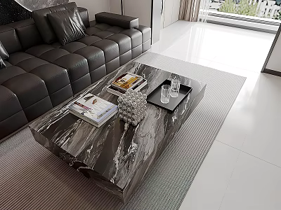 Modern Black Leather Sofa and Marble Coffee Table Set with Magazines and Decor 3d model
