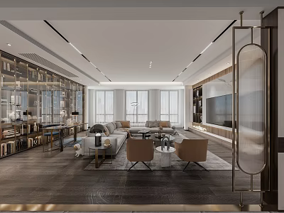 Modern Living And Dining Room Interior With Floor To Ceiling Windows Bookshelves Sofa And TV 3d model