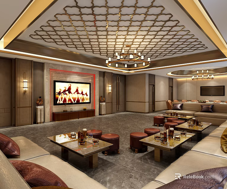 Luxury KTV Interior Design With Comfortable Sofas Coffee Tables And TV Screen 3d model