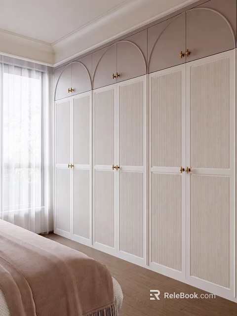 White Modern Wardrobe With Vertical Striped Doors And Gold Handles Design 3d model 