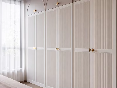 White Modern Wardrobe With Vertical Striped Doors And Gold Handles Design 3d model