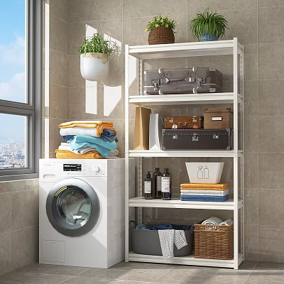 Practical Laundry Storage Shelf With White Washing Machine Folded Clothes Suitcases Toiletries And Basket 3d model