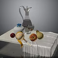 White Tray With Silver Jug Blue Lid Container Glass Cup Fruits And Knife