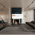 Modern Luxury Living Room Interior With Blue Accent Wall Fireplace Black Sofas And Decorative Pieces