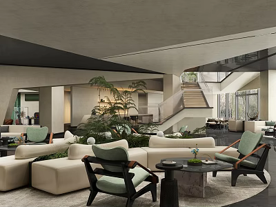 Modern Lounge Area With Beige Sofas Green Chairs And Plants 3d model