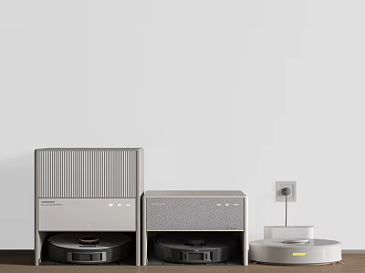Smart Robotic Vacuum Cleaning Machines With Gray Base Stations And Wooden Floor Unit 3d model