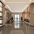 Modern Hotel Lobby With Reception Counter Marble Floor Ceiling Lights Leather Chairs And Wooden Bookshelves
