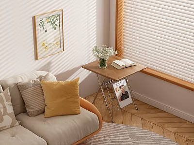 Living Room Side Table with Flower Vase Book Sofa Pillows and Window Blinds 3d model