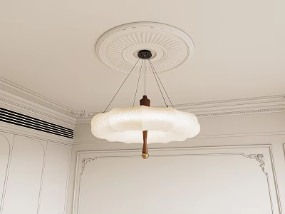 Cloud Shaped Modern Chandelier In White With Wooden Detail On Decorative Ceiling 3d model