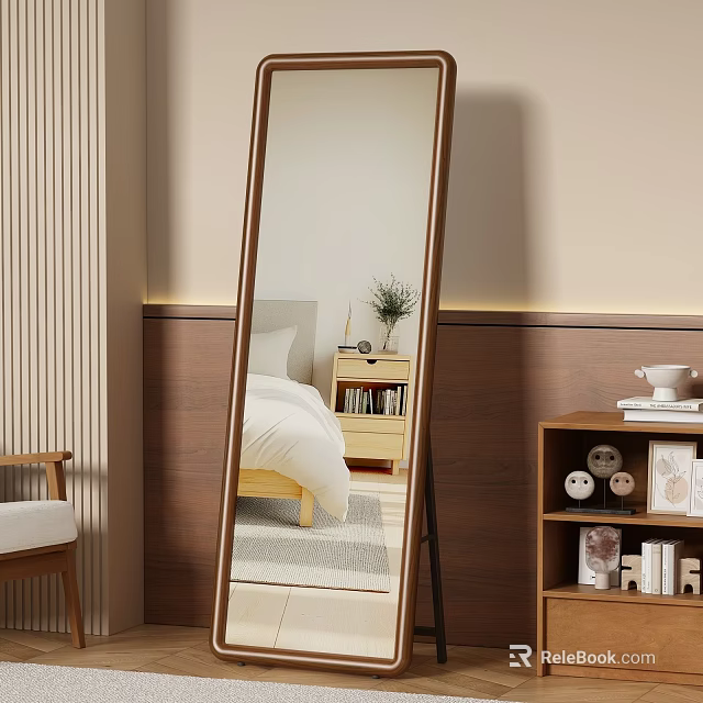 Stylish Standing Full Length Mirror In Modern Bedroom With Wooden Frame And Nightstand 3d model 