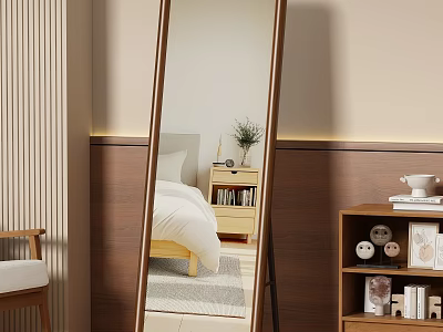 Stylish Standing Full Length Mirror In Modern Bedroom With Wooden Frame And Nightstand 3d model