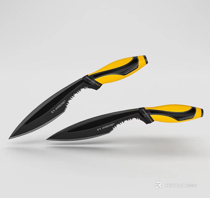Tactical Knives With Yellow And Black Handles And Sharp Black Blades 3d model 