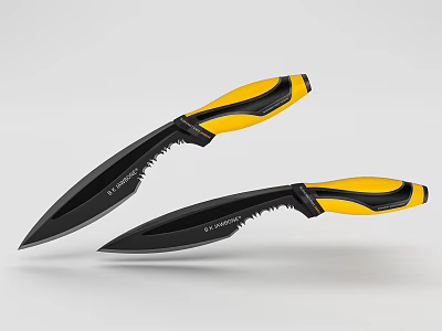 Tactical Knives With Yellow And Black Handles And Sharp Black Blades 3d model