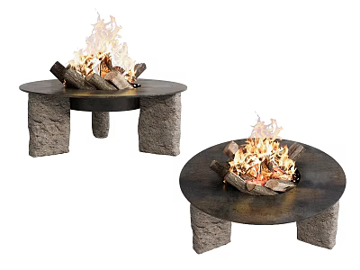 Round Fire Pit With Stone Base Featuring Burning Logs And Flames 3d model