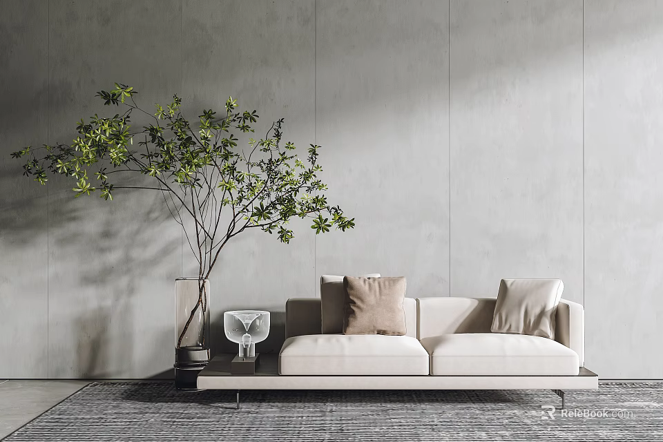 Beige Two Seater Sofa With Throw Pillows Against Gray Wall Green Plant On Gray Carpet 3d model 