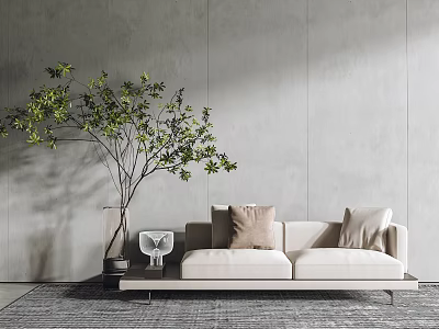 Beige Two Seater Sofa With Throw Pillows Against Gray Wall Green Plant On Gray Carpet 3d model