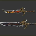 Ornate Decorative Swords Featuring Golden Dragon Handles Flame Patterns Red Black Accents Shiny Blades