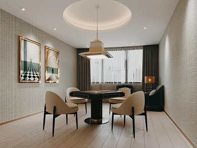 Elegant Entertainment Room Interior With Round Table Chairs And Artworks 3d model