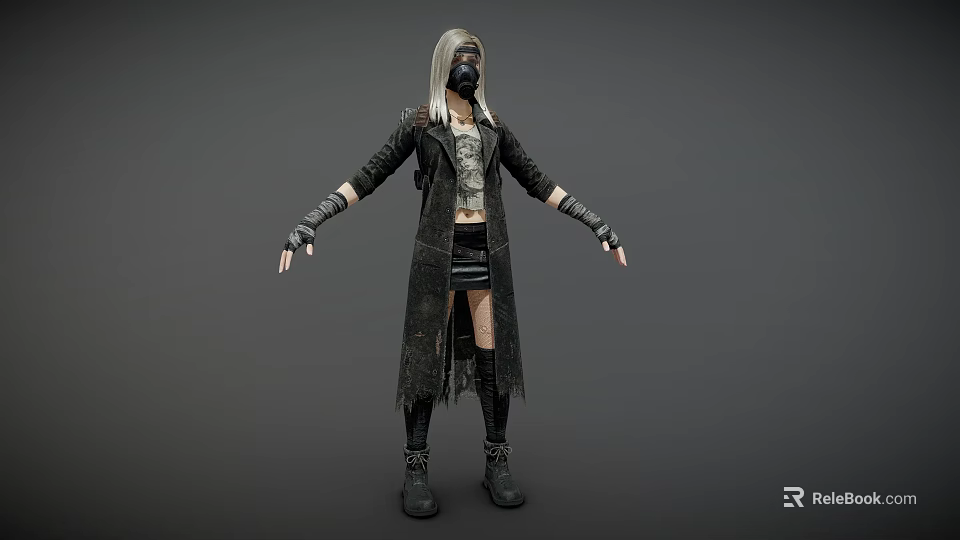 Female Character With Silver White Hair Black Mask Coat Skirt And Leg Bandages Boots 3d model 