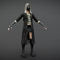 Female Character With Silver White Hair Black Mask Coat Skirt And Leg Bandages Boots
