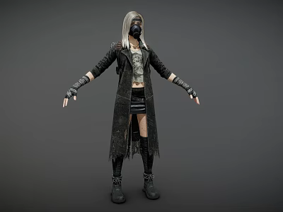 Female Character With Silver White Hair Black Mask Coat Skirt And Leg Bandages Boots 3d model