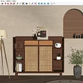 Minimalist Wooden Sideboard With Photo Frame Books Decorations And Potted Plant Near Floor Lamp