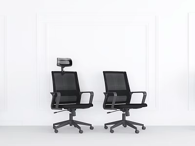 Two Black Mesh Office Chairs With Modern Design And Rolling Wheels In White Space 3d model