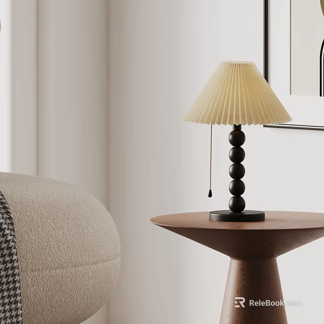 Pleated Cream Table Lamp with Black Beaded Base on Wooden Table by Light Beige Sofa 3d model 