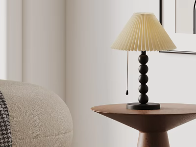 Pleated Cream Table Lamp with Black Beaded Base on Wooden Table by Light Beige Sofa 3d model