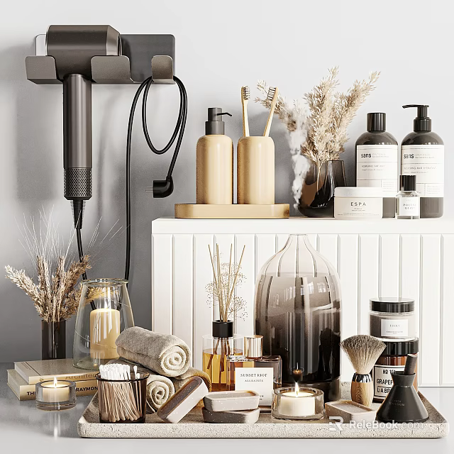 Chic Bathroom Accessories Setup Featuring Towels Bottles Candles And Diffusers 3d model