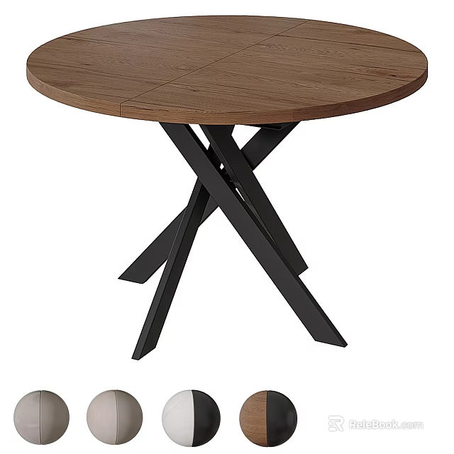 Modern Round Solid Wood Table With Sturdy Crisscross Black Metal Legs For Casual Home Dining 3d model 