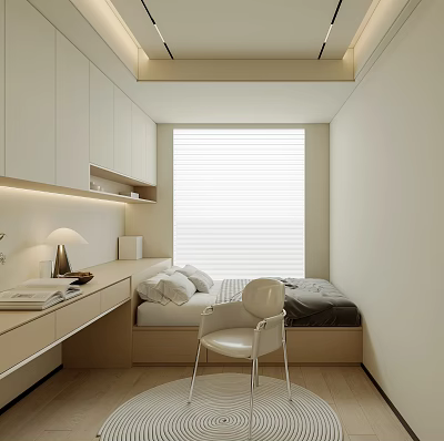 Minimalist Modern Tatami Bedroom With White Cabinets Desk And Table Lamp Window Blinds White Chair 3d model
