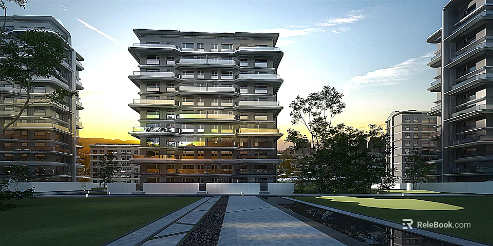 Modern Multi Storey Residential Building With Balconies Greenery Lawn And Water Pool 3d model 