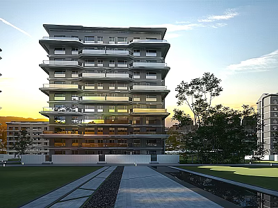 Modern Multi Storey Residential Building With Balconies Greenery Lawn And Water Pool 3d model