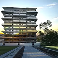 Modern Multi Storey Residential Building With Balconies Greenery Lawn And Water Pool