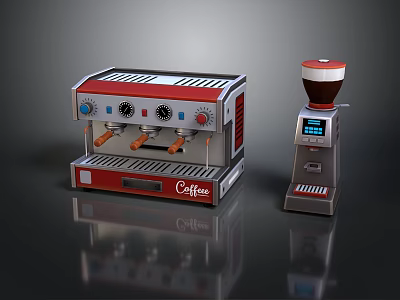 Red And Silver Coffee Machine With Control Knobs And Coffee Grinder With Digital 3d model