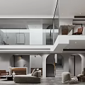 Modern Duplex Living Room Interior With High Ceiling Glass Railing And Neutral Tones