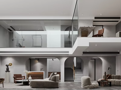 Modern Duplex Living Room Interior With High Ceiling Glass Railing And Neutral Tones 3d model