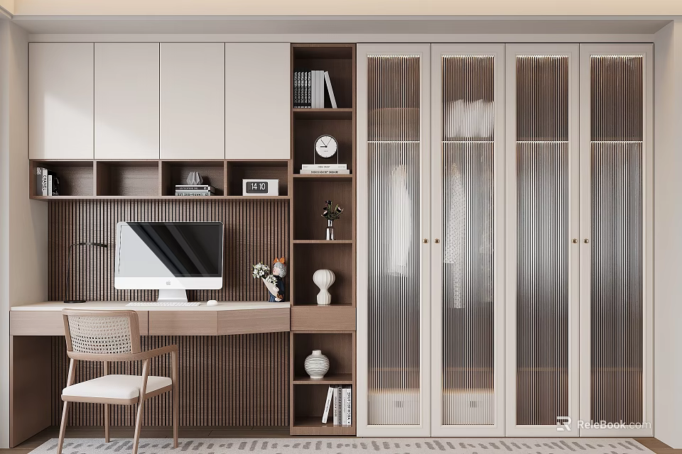 Modern Wardrobe Interior Design With Glass Doors And Wooden Bookshelves Near Desk 3d model 
