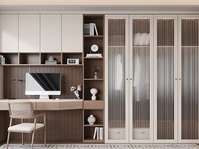 Modern Wardrobe Interior Design With Glass Doors And Wooden Bookshelves Near Desk 3d model