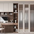 Modern Wardrobe Interior Design With Glass Doors And Wooden Bookshelves Near Desk