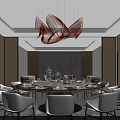 Elegant Modern Private Dining Room Interior With Round Dining Table Tableware And Red Chandelier 3d model