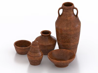 Brown Clay Ceramic Vessels With Various Shapes And Textured Surfaces 3d model