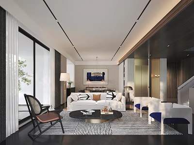 Modern Living Dining Room Interior With White Sofa Black Coffee Table And Striped Rug 3d model