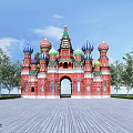 Ancient Red Architectural Building With Blue Gold Domes Arched Entrance And Green Trees Under Sky