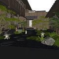 Japanese Style Courtyard Garden with Stepping Stones Path Moss Stone Lanterns and Lush Green Plants