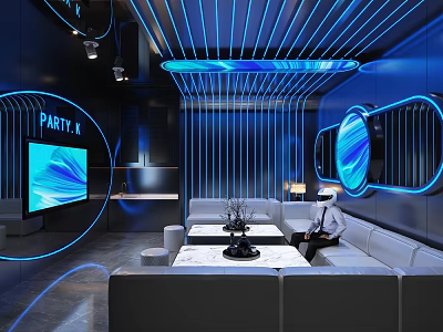 Modern KTV Lounge With Blue Neon Lights Large Screen And VR Headset Experience 3d model