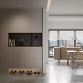 Modern Restaurant Interior With Rattan Dining Chairs Wooden Table Window Blinds And City View Shelves