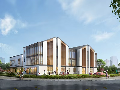 Contemporary School Building Featuring Glass Curtain Walls Wooden Accents And Surrounding Greenery 3d model