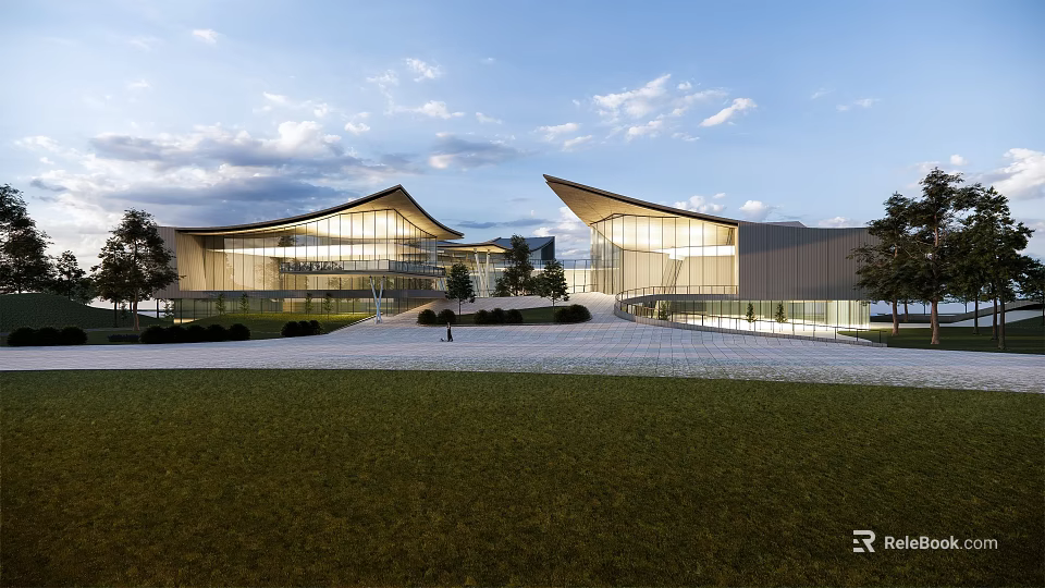 Contemporary Architectural Exterior With Curved Glass Facade Sloped Roofs Green Lawn And Trees 3d model 